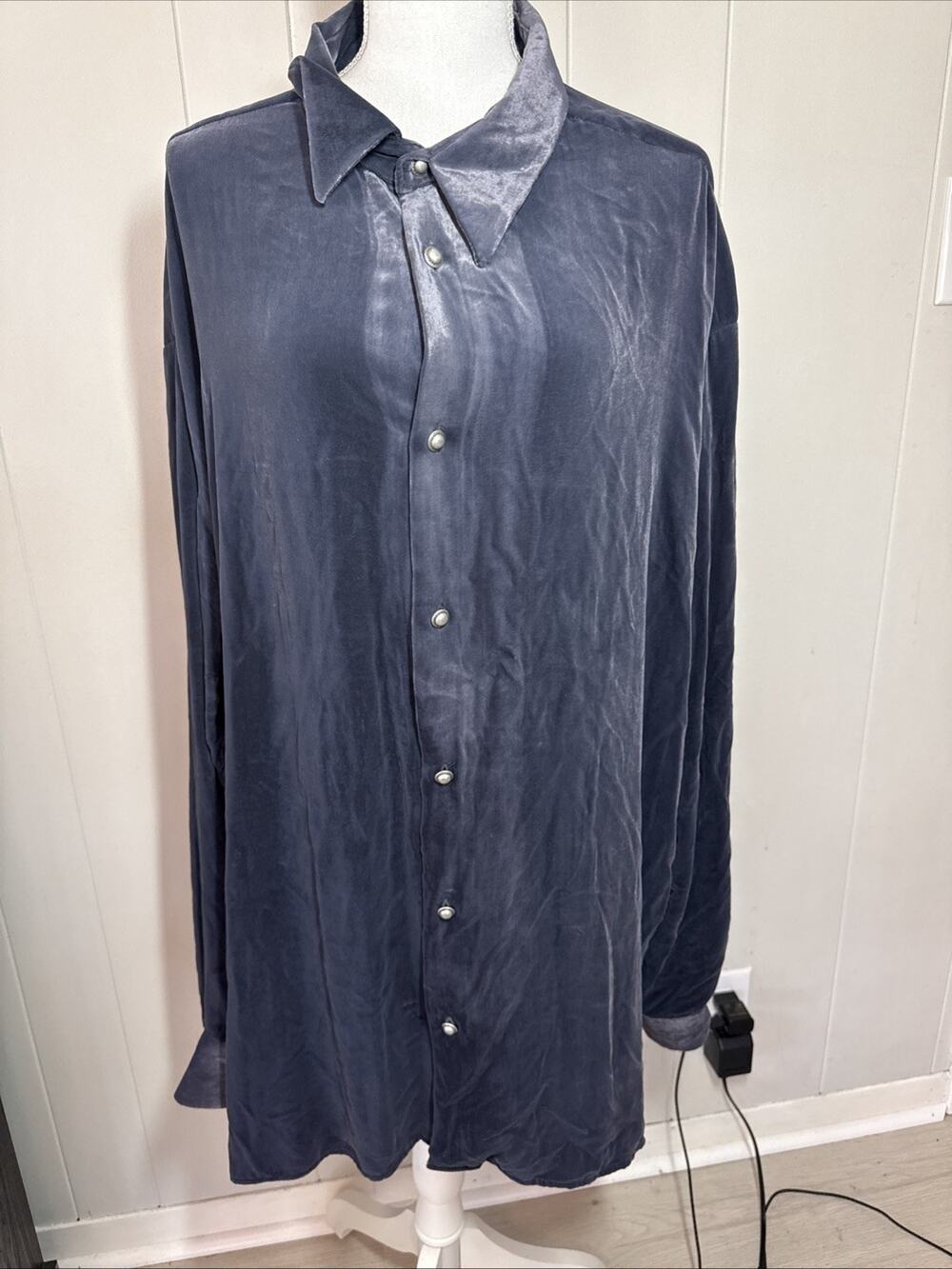 Genelli Button Up Shirt Mens Sz 3XLT Silk Blend Blue Velour Textured AA2